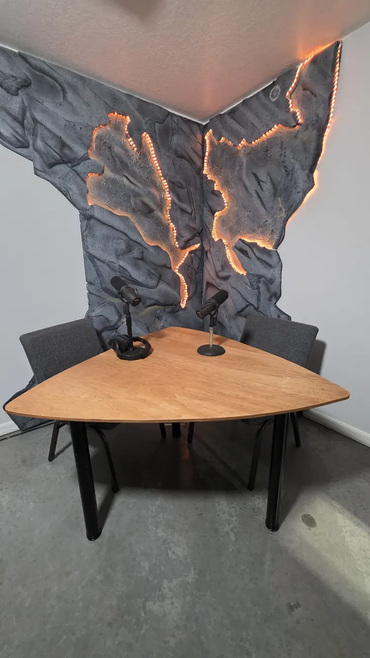 Tree-inspired scenic element made for a podcast studio