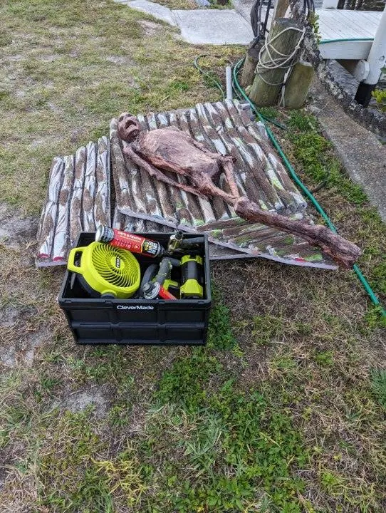 Woodwork and scenic materials during outdoor construction.