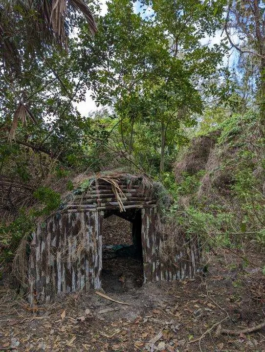 Weathered rustic structure in a wooded location.